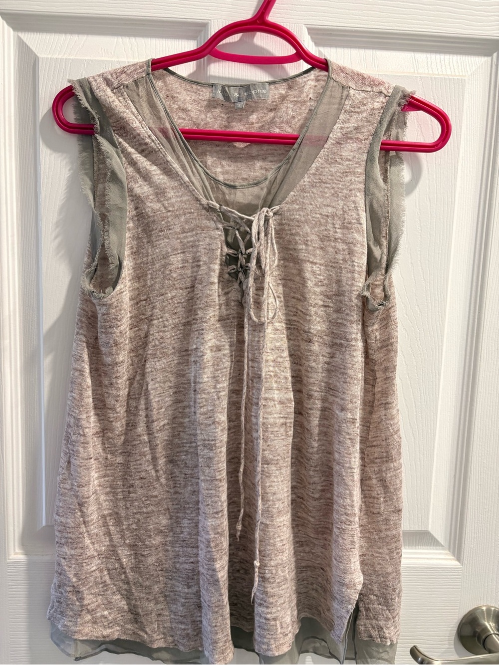 Lola & Sophie Heathered Taupe Lace-Up Tank with Sheer Trim. Layer casual taupe